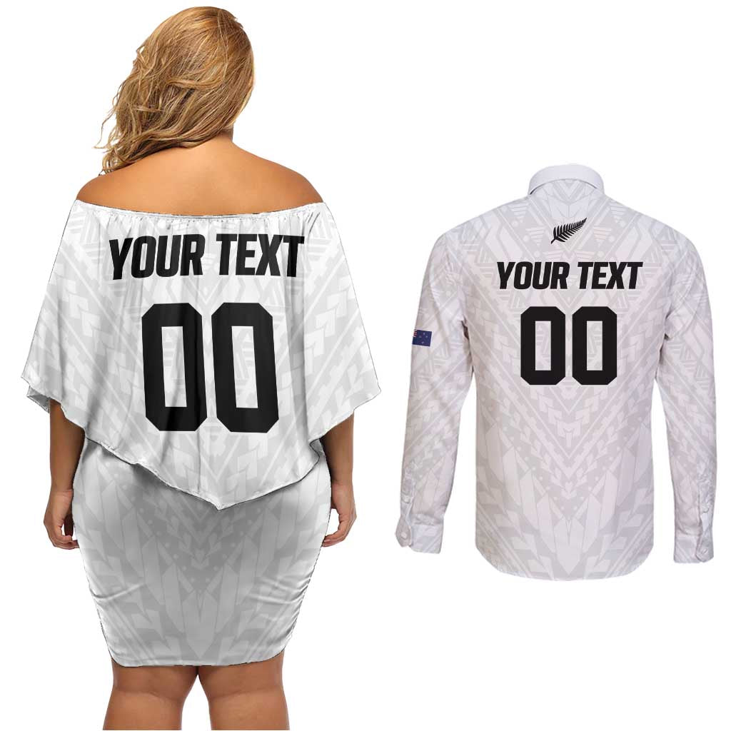 Custom Football New Zealand Couples Matching Off Shoulder Short Dress and Long Sleeve Button Shirt Aotearoa United White Version - Aussie Hoodie