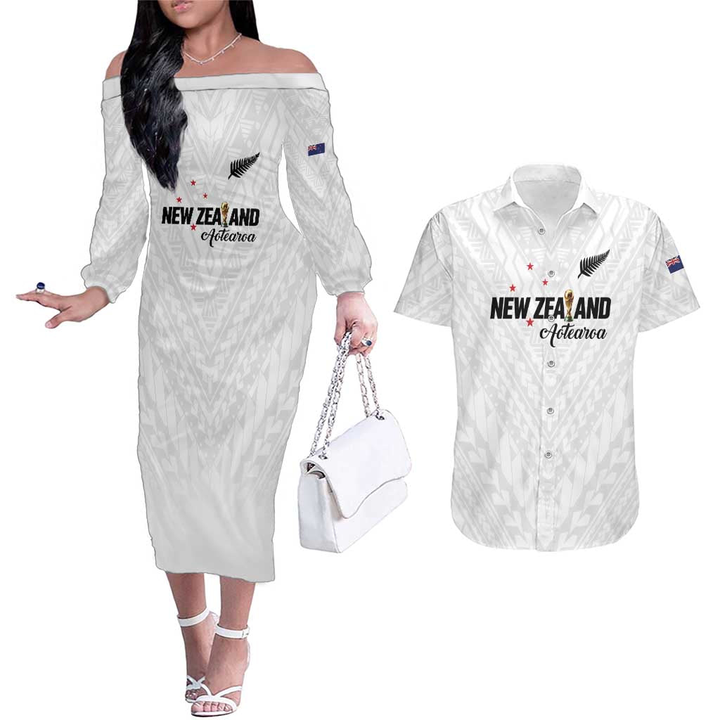 Custom Football New Zealand Couples Matching Off The Shoulder Long Sleeve Dress and Hawaiian Shirt Aotearoa United White Version - Aussie Hoodie