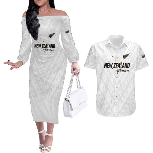 Custom Football New Zealand Couples Matching Off The Shoulder Long Sleeve Dress and Hawaiian Shirt Aotearoa United White Version - Aussie Hoodie