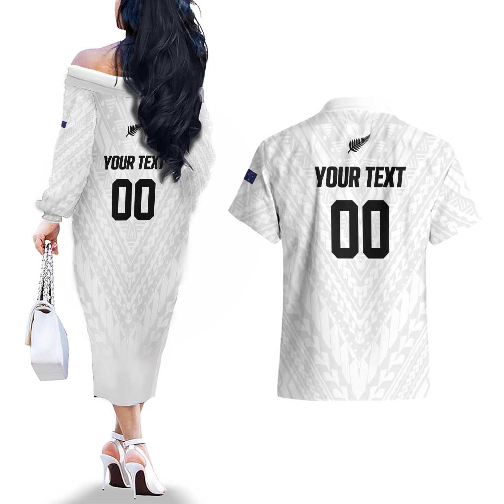 Custom Football New Zealand Couples Matching Off The Shoulder Long Sleeve Dress and Hawaiian Shirt Aotearoa United White Version - Aussie Hoodie