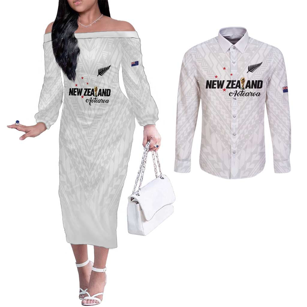 Custom Football New Zealand Couples Matching Off The Shoulder Long Sleeve Dress and Long Sleeve Button Shirt Aotearoa United White Version - Aussie Hoodie