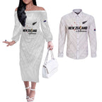 Custom Football New Zealand Couples Matching Off The Shoulder Long Sleeve Dress and Long Sleeve Button Shirt Aotearoa United White Version - Aussie Hoodie