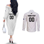 Custom Football New Zealand Couples Matching Off The Shoulder Long Sleeve Dress and Long Sleeve Button Shirt Aotearoa United White Version - Aussie Hoodie