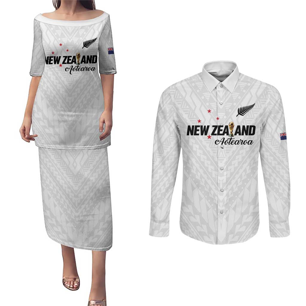 Custom Football New Zealand Couples Matching Puletasi and Long Sleeve Button Shirt Aotearoa United White Version - Aussie Hoodie