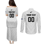 Custom Football New Zealand Couples Matching Puletasi and Long Sleeve Button Shirt Aotearoa United White Version - Aussie Hoodie