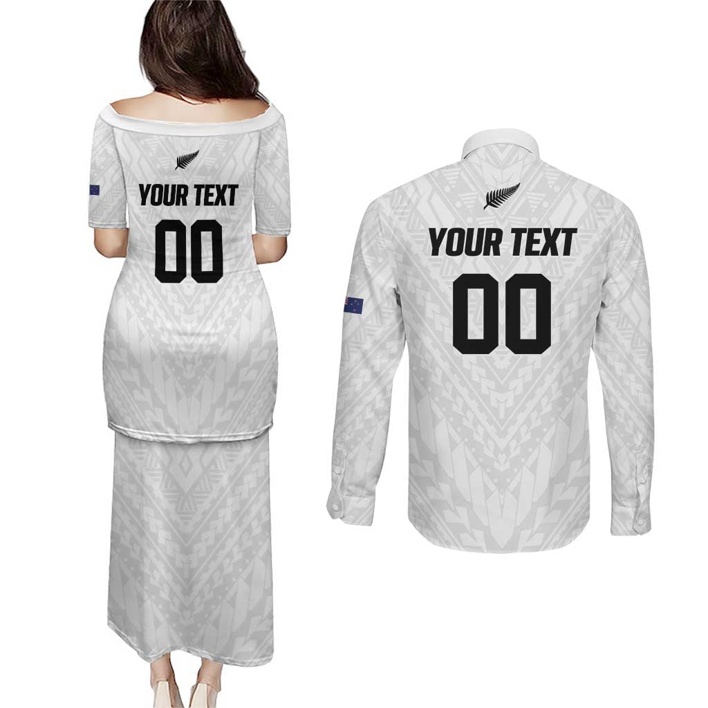 Custom Football New Zealand Couples Matching Puletasi and Long Sleeve Button Shirt Aotearoa United White Version - Aussie Hoodie