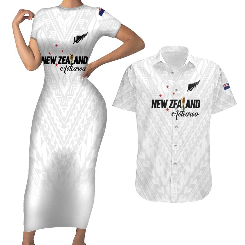 Custom Football New Zealand Couples Matching Short Sleeve Bodycon Dress and Hawaiian Shirt Aotearoa United White Version - Aussie Hoodie