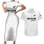 Custom Football New Zealand Couples Matching Short Sleeve Bodycon Dress and Hawaiian Shirt Aotearoa United White Version - Aussie Hoodie