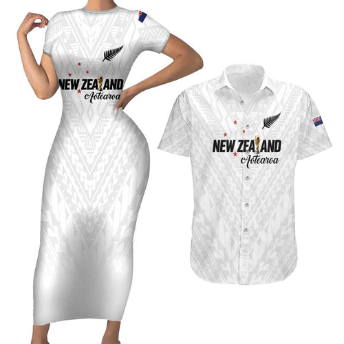 Custom Football New Zealand Couples Matching Short Sleeve Bodycon Dress and Hawaiian Shirt Aotearoa United White Version - Aussie Hoodie