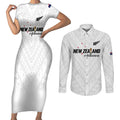 Custom Football New Zealand Couples Matching Short Sleeve Bodycon Dress and Long Sleeve Button Shirt Aotearoa United White Version - Aussie Hoodie