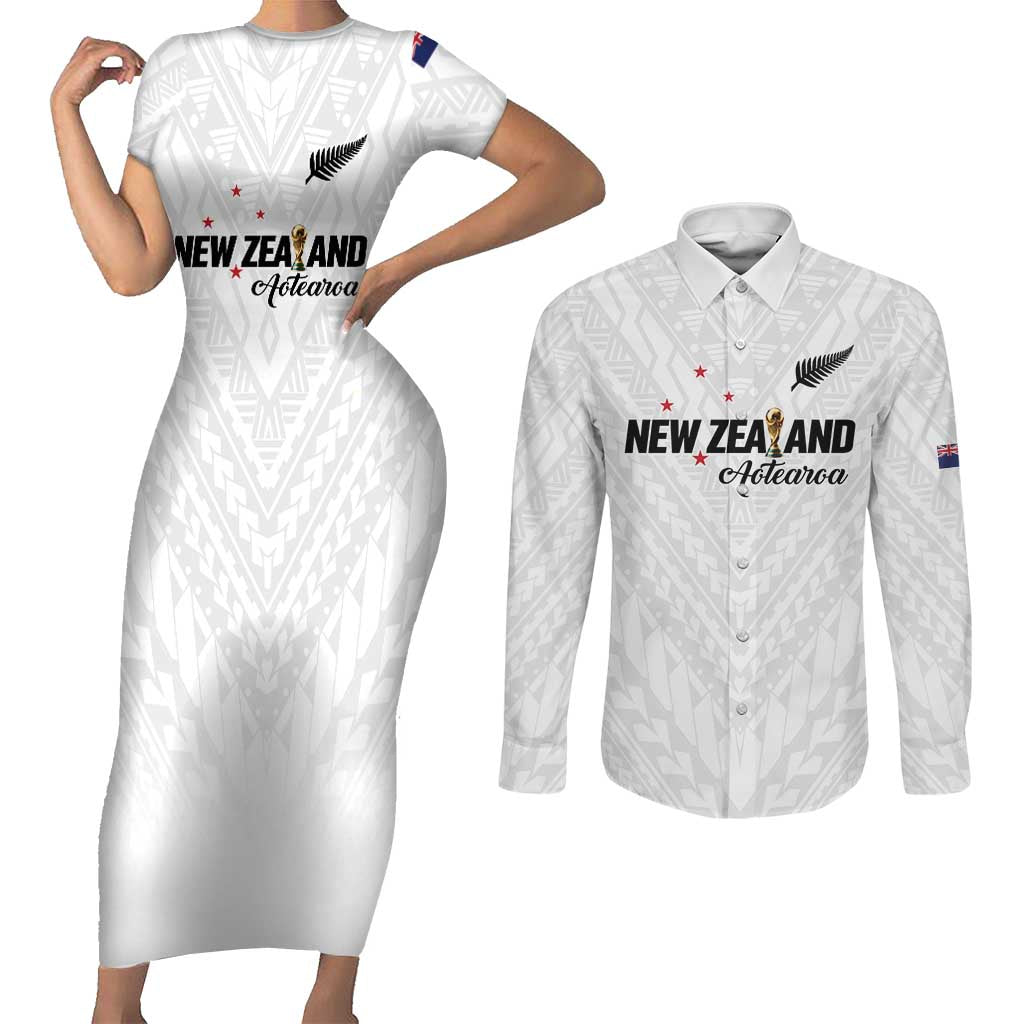 Custom Football New Zealand Couples Matching Short Sleeve Bodycon Dress and Long Sleeve Button Shirt Aotearoa United White Version - Aussie Hoodie