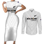 Custom Football New Zealand Couples Matching Short Sleeve Bodycon Dress and Long Sleeve Button Shirt Aotearoa United White Version - Aussie Hoodie