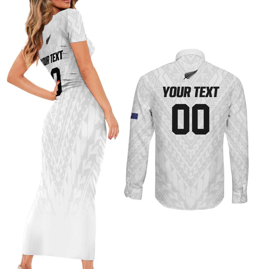 Custom Football New Zealand Couples Matching Short Sleeve Bodycon Dress and Long Sleeve Button Shirt Aotearoa United White Version - Aussie Hoodie