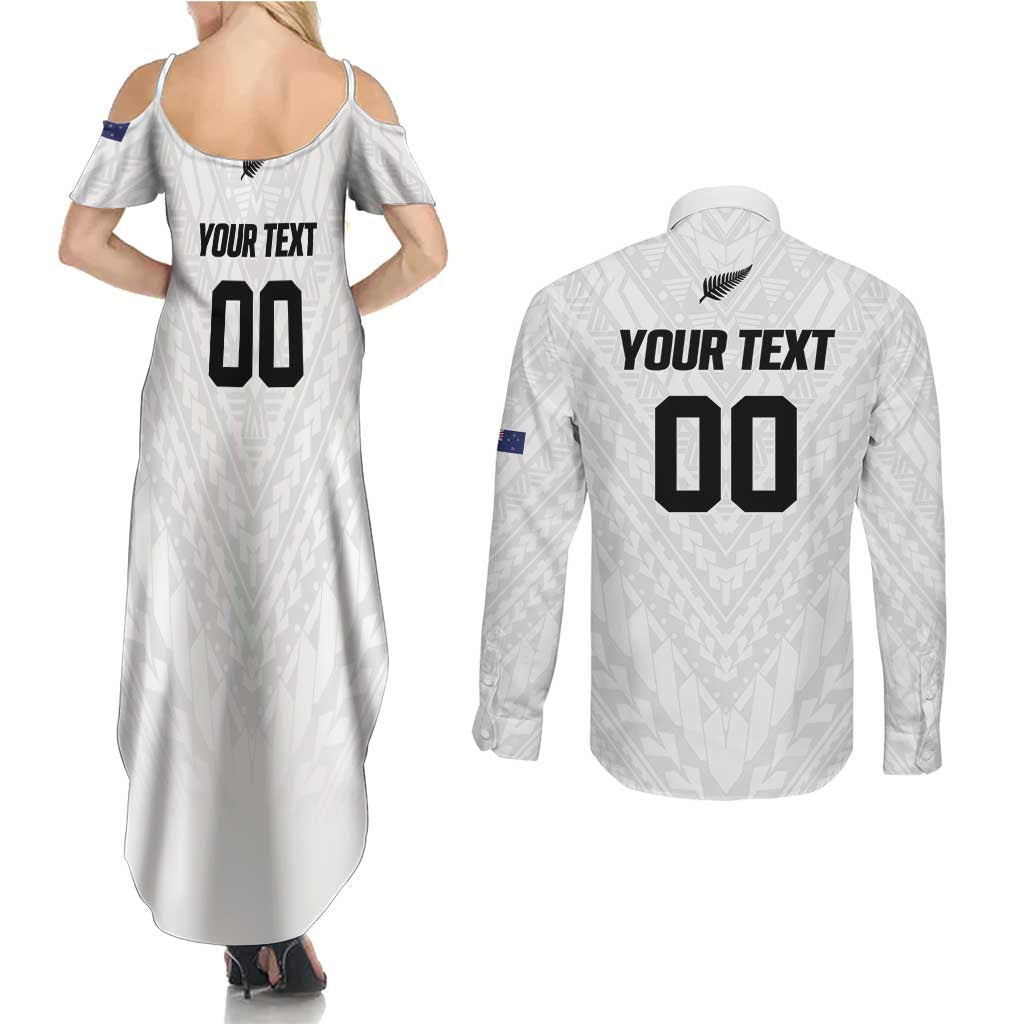 Custom Football New Zealand Couples Matching Summer Maxi Dress and Long Sleeve Button Shirt Aotearoa United White Version - Aussie Hoodie