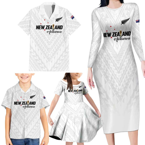 Custom Football New Zealand Family Matching Long Sleeve Bodycon Dress and Hawaiian Shirt Aotearoa United White Version - Aussie Hoodie