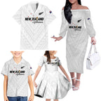 Custom Football New Zealand Family Matching Off The Shoulder Long Sleeve Dress and Hawaiian Shirt Aotearoa United White Version - Aussie Hoodie
