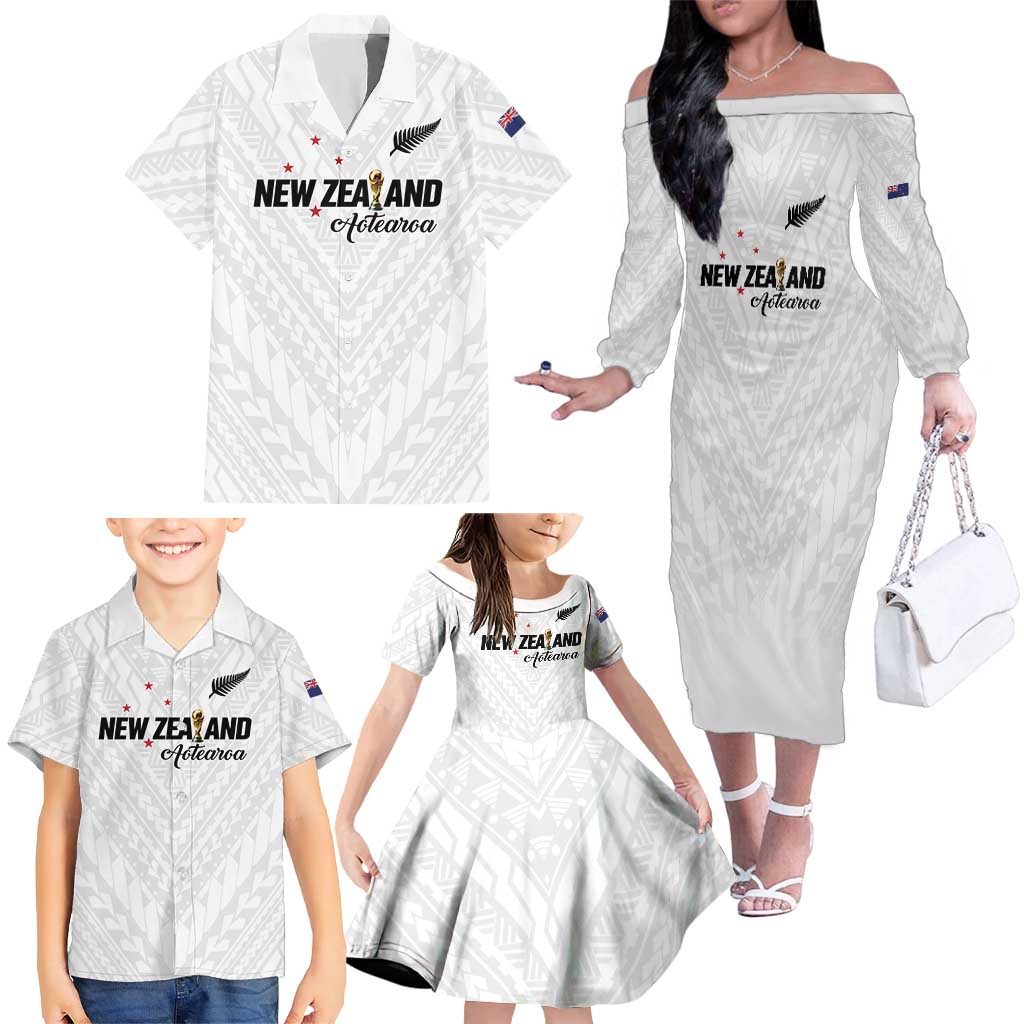 Custom Football New Zealand Family Matching Off The Shoulder Long Sleeve Dress and Hawaiian Shirt Aotearoa United White Version - Aussie Hoodie