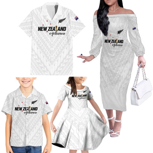 Custom Football New Zealand Family Matching Off The Shoulder Long Sleeve Dress and Hawaiian Shirt Aotearoa United White Version - Aussie Hoodie