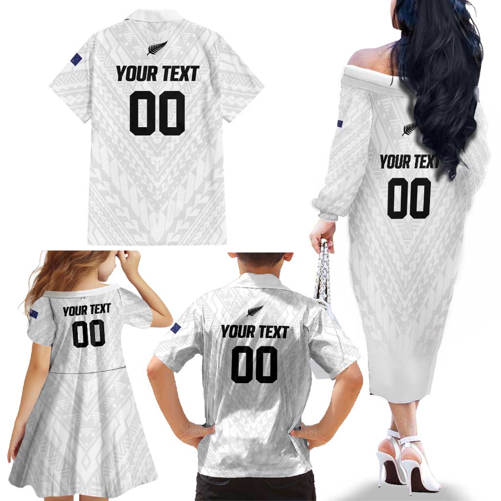 Custom Football New Zealand Family Matching Off The Shoulder Long Sleeve Dress and Hawaiian Shirt Aotearoa United White Version - Aussie Hoodie