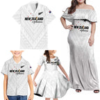 Custom Football New Zealand Family Matching Off Shoulder Maxi Dress and Hawaiian Shirt Aotearoa United White Version - Aussie Hoodie
