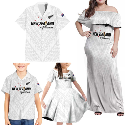 Custom Football New Zealand Family Matching Off Shoulder Maxi Dress and Hawaiian Shirt Aotearoa United White Version - Aussie Hoodie
