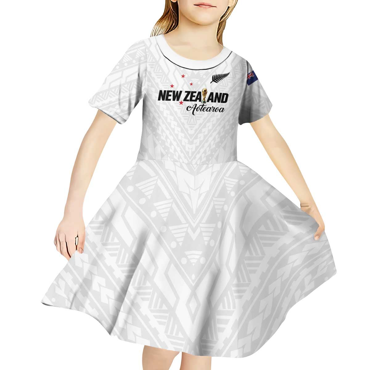 Custom Football New Zealand Kid Short Sleeve Dress Aotearoa United White Version - Aussie Hoodie