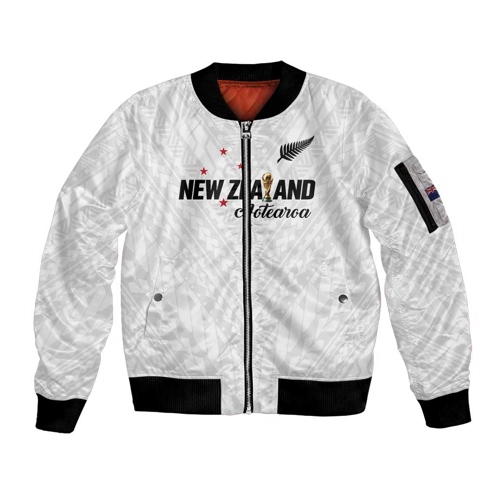 Custom Football New Zealand Sleeve Zip Bomber Jacket Aotearoa United White Version - Aussie Hoodie
