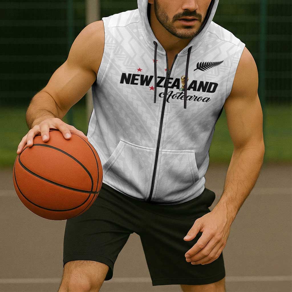 Custom Football New Zealand Sleeveless Zip Hoodie Aotearoa United White Version - Aussie Hoodie