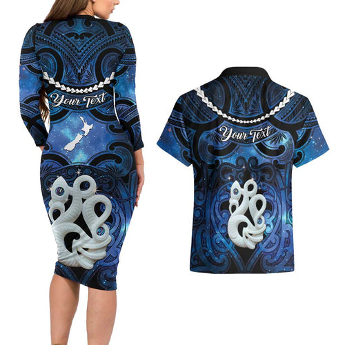 Personalized Maori Matariki Manaia Couples Matching Long Sleeve Bodycon Dress and Hawaiian Shirt Maori Kowhaiwhai Pattern Galaxy