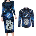 Personalized Maori Matariki Manaia Couples Matching Long Sleeve Bodycon Dress and Long Sleeve Button Shirt Maori Kowhaiwhai Pattern Galaxy