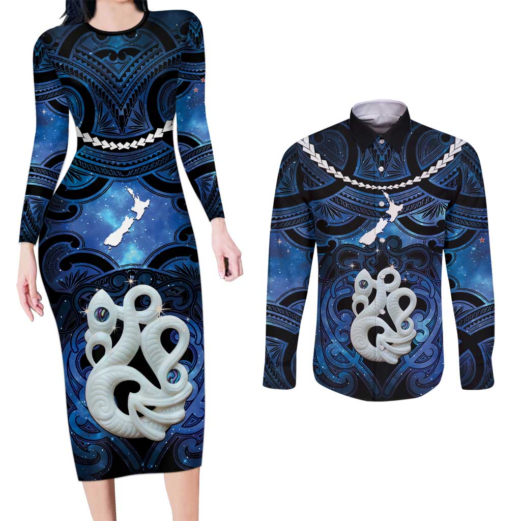 Personalized Maori Matariki Manaia Couples Matching Long Sleeve Bodycon Dress and Long Sleeve Button Shirt Maori Kowhaiwhai Pattern Galaxy
