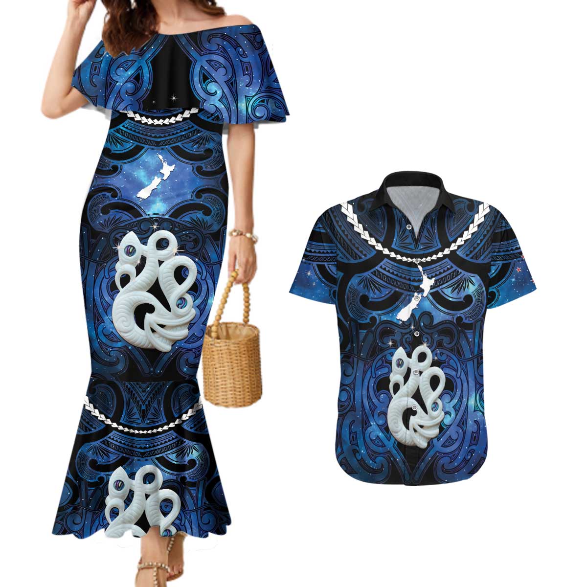 Personalized Maori Matariki Manaia Couples Matching Mermaid Dress and Hawaiian Shirt Maori Kowhaiwhai Pattern Galaxy