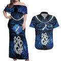 Personalized Maori Matariki Manaia Couples Matching Off Shoulder Maxi Dress and Hawaiian Shirt Maori Kowhaiwhai Pattern Galaxy