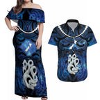 Personalized Maori Matariki Manaia Couples Matching Off Shoulder Maxi Dress and Hawaiian Shirt Maori Kowhaiwhai Pattern Galaxy