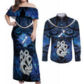 Personalized Maori Matariki Manaia Couples Matching Off Shoulder Maxi Dress and Long Sleeve Button Shirt Maori Kowhaiwhai Pattern Galaxy
