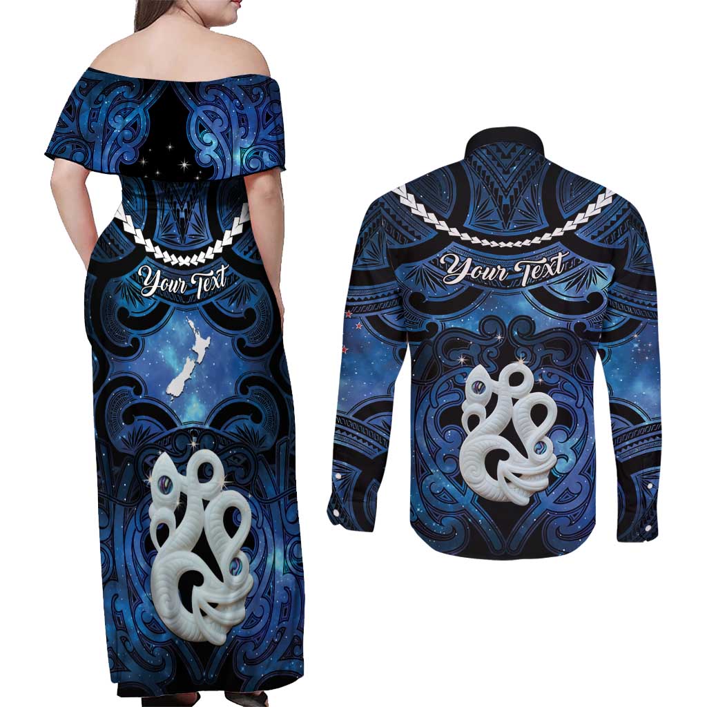 Personalized Maori Matariki Manaia Couples Matching Off Shoulder Maxi Dress and Long Sleeve Button Shirt Maori Kowhaiwhai Pattern Galaxy