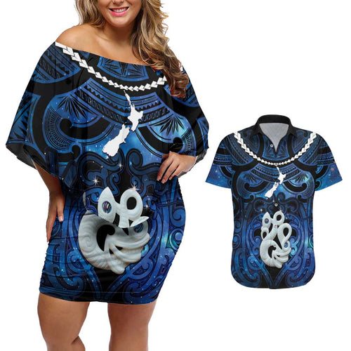 Personalized Maori Matariki Manaia Couples Matching Off Shoulder Short Dress and Hawaiian Shirt Maori Kowhaiwhai Pattern Galaxy