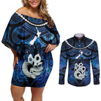 Personalized Maori Matariki Manaia Couples Matching Off Shoulder Short Dress and Long Sleeve Button Shirt Maori Kowhaiwhai Pattern Galaxy