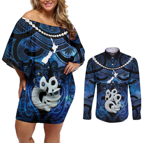 Personalized Maori Matariki Manaia Couples Matching Off Shoulder Short Dress and Long Sleeve Button Shirt Maori Kowhaiwhai Pattern Galaxy