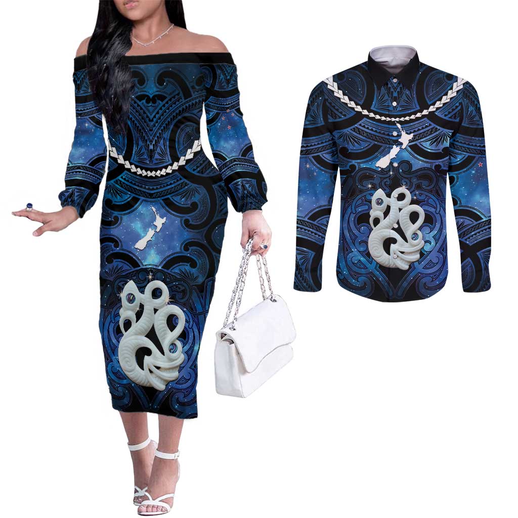 Personalized Maori Matariki Manaia Couples Matching Off The Shoulder Long Sleeve Dress and Long Sleeve Button Shirt Maori Kowhaiwhai Pattern Galaxy