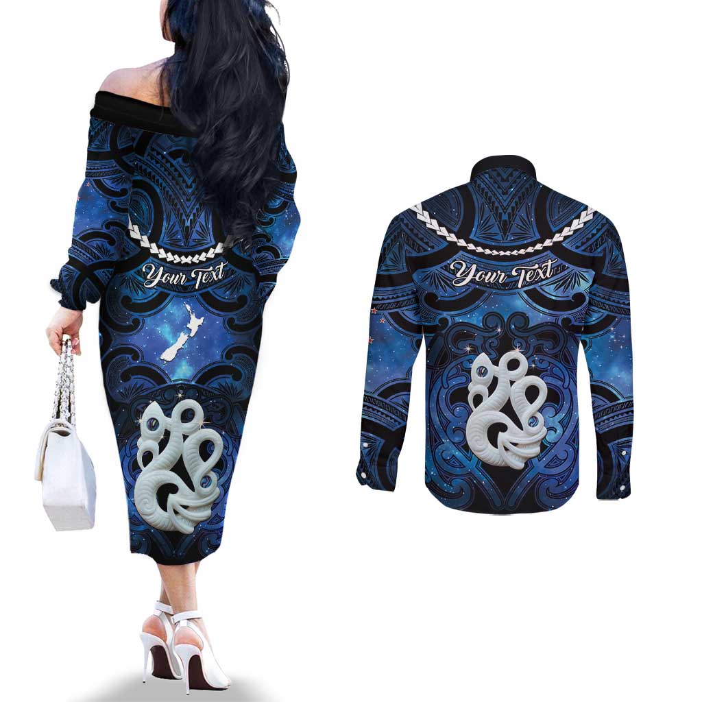 Personalized Maori Matariki Manaia Couples Matching Off The Shoulder Long Sleeve Dress and Long Sleeve Button Shirt Maori Kowhaiwhai Pattern Galaxy
