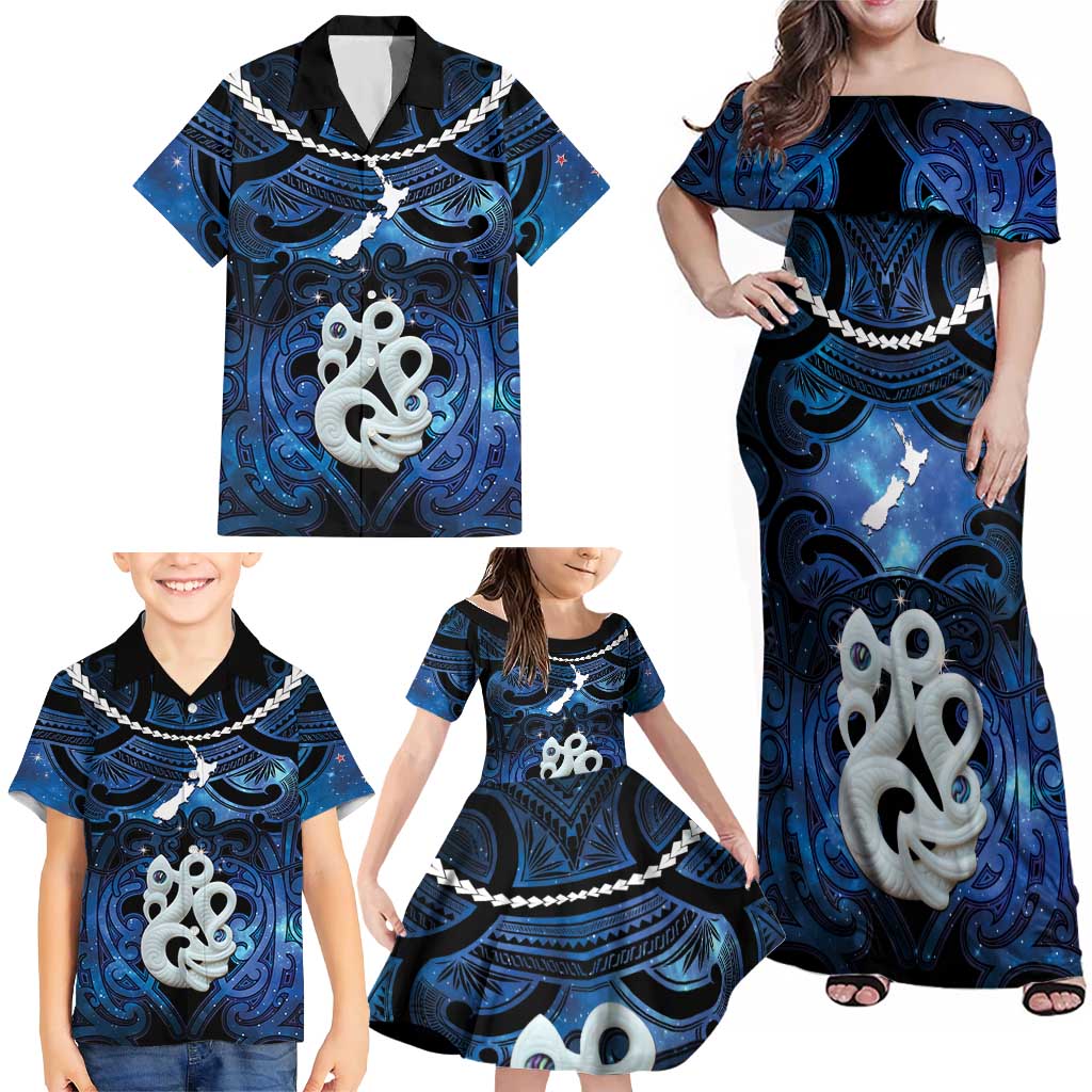 Personalized Maori Matariki Manaia Family Matching Off Shoulder Maxi Dress and Hawaiian Shirt Maori Kowhaiwhai Pattern Galaxy