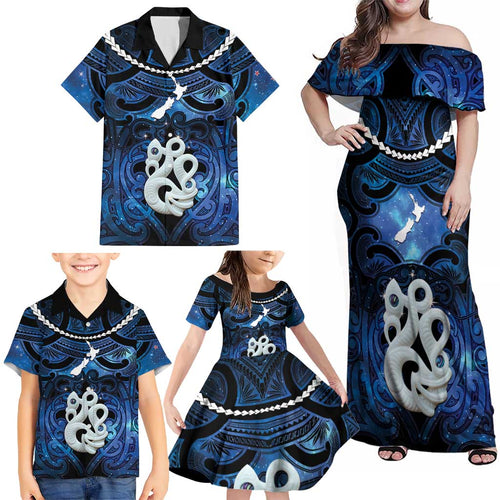 Personalized Maori Matariki Manaia Family Matching Off Shoulder Maxi Dress and Hawaiian Shirt Maori Kowhaiwhai Pattern Galaxy