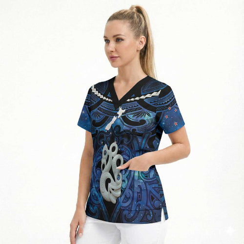 Personalized Maori Matariki Manaia Scrub Top Maori Kowhaiwhai Pattern Galaxy