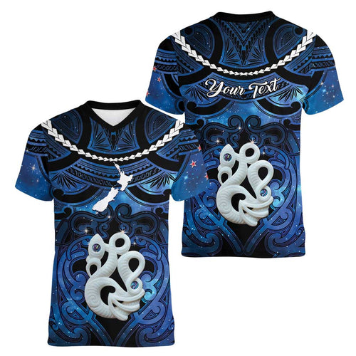 Personalized Maori Matariki Manaia Women V-Neck T-Shirt Maori Kowhaiwhai Pattern Galaxy