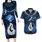 Personalized Maori Matariki Hei Matau Couples Matching Long Sleeve Bodycon Dress and Hawaiian Shirt Maori Kowhaiwhai Pattern Galaxy