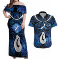 Personalized Maori Matariki Hei Matau Couples Matching Off Shoulder Maxi Dress and Hawaiian Shirt Maori Kowhaiwhai Pattern Galaxy