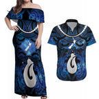 Personalized Maori Matariki Hei Matau Couples Matching Off Shoulder Maxi Dress and Hawaiian Shirt Maori Kowhaiwhai Pattern Galaxy