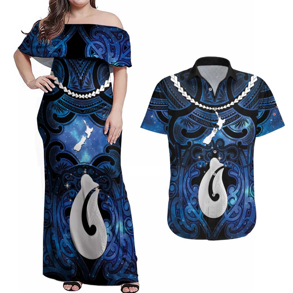 Personalized Maori Matariki Hei Matau Couples Matching Off Shoulder Maxi Dress and Hawaiian Shirt Maori Kowhaiwhai Pattern Galaxy