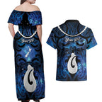 Personalized Maori Matariki Hei Matau Couples Matching Off Shoulder Maxi Dress and Hawaiian Shirt Maori Kowhaiwhai Pattern Galaxy